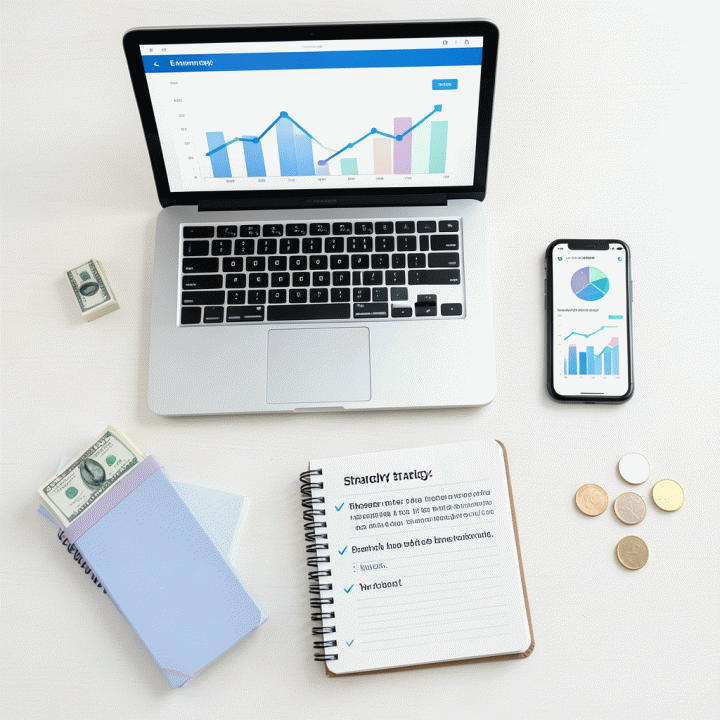 Tata letak meja kerja yang rapi berisi laptop analitik dan alat tulis, melambangkan perencanaan bisnis online yang terstruktur.