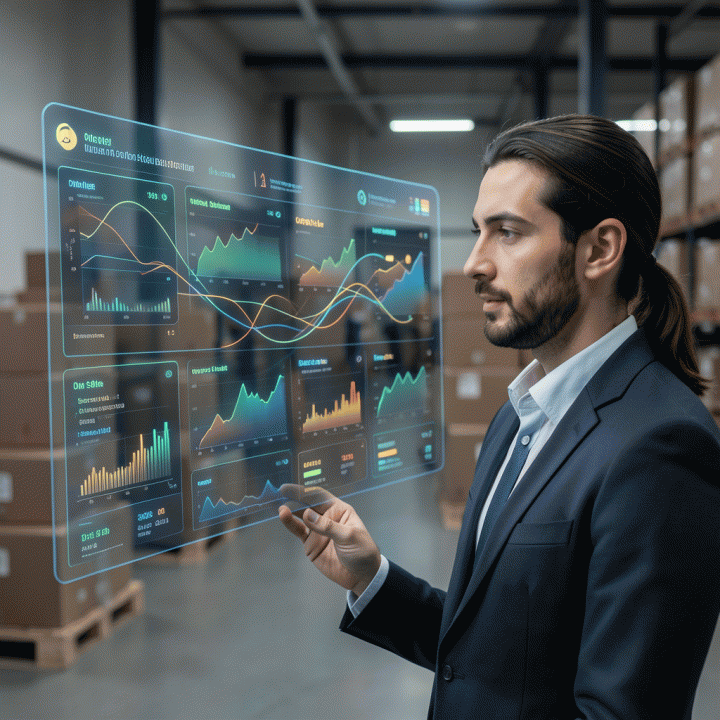 Pengusaha e-commerce melihat dasbor analitik holografik yang menampilkan grafik dan data penjualan online yang kompleks di latar belakang toko modern.