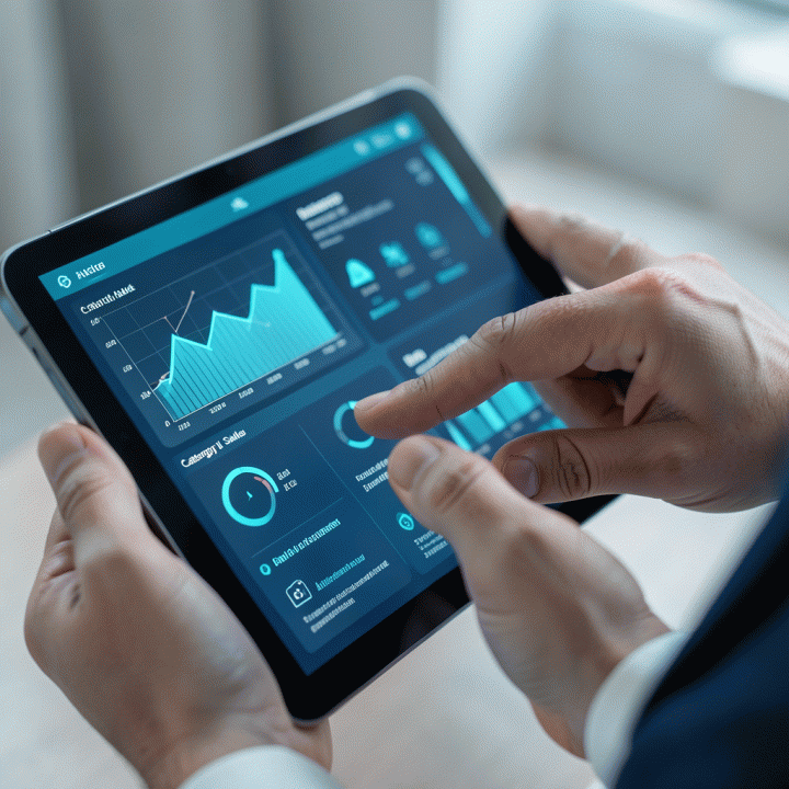 Tangan menggunakan tablet futuristik untuk menganalisis data pasar dan harga produk secara mendalam, menampilkan antarmuka tanpa teks terbaca.