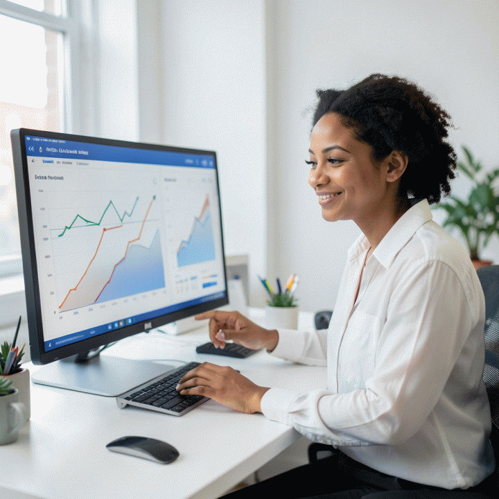 Seorang penjual online yang sukses sedang meninjau grafik peningkatan penjualan dan metrik performa di monitor besar dengan rasa percaya diri.