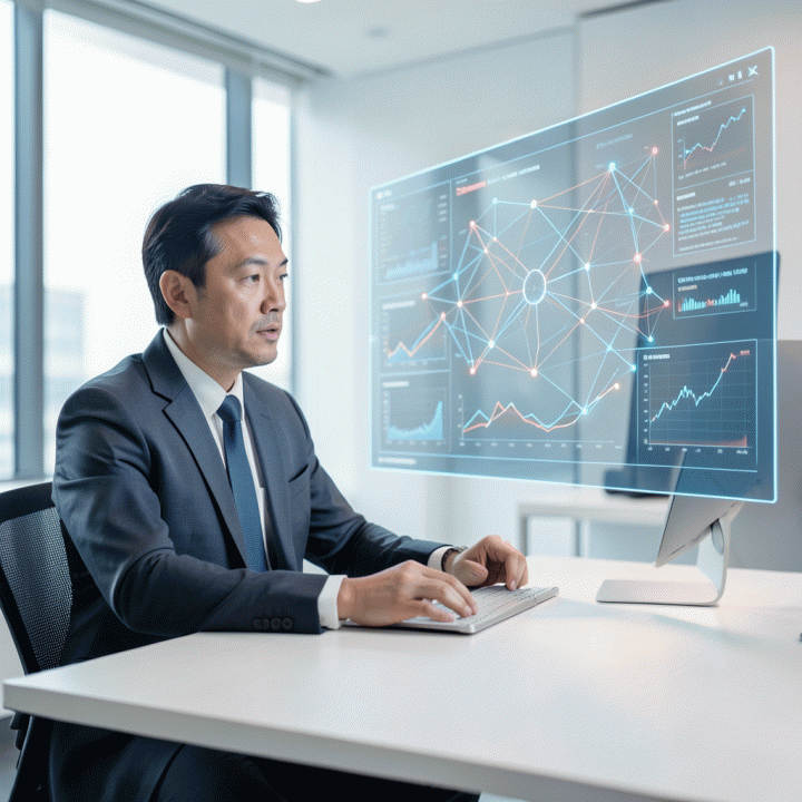 Seorang manajer pemasaran digital profesional sedang berinteraksi dengan visualisasi data holografik canggih, menunjukkan strategi berbasis data di lingkungan kerja modern.