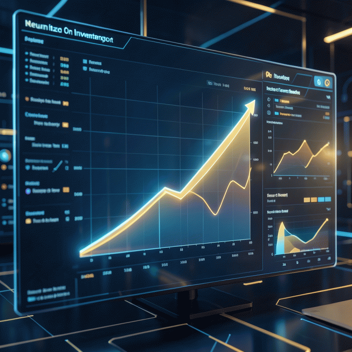 Cinematic dashboard visualization showing data analysis leading to maximized ROI strategy for digital marketing.