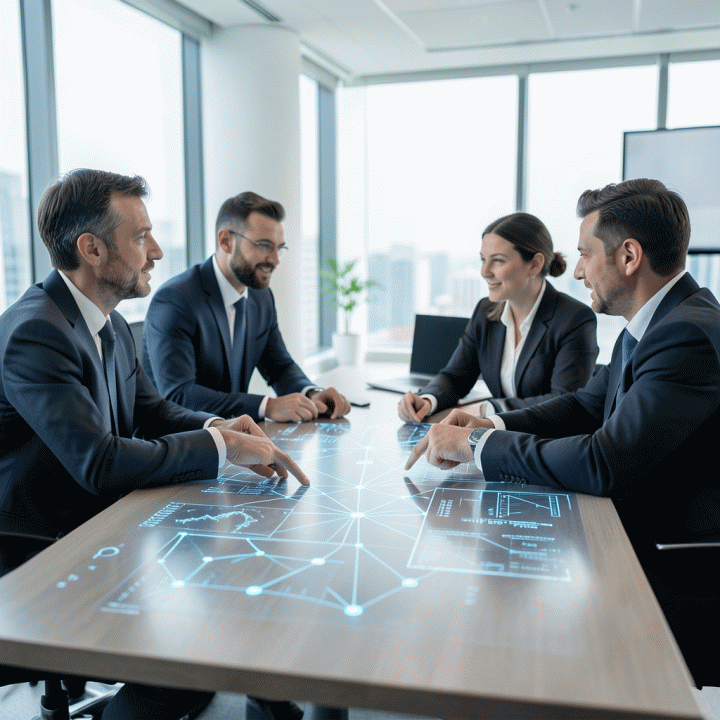 Tim profesional sedang berdiskusi di sekitar meja modern yang menampilkan visualisasi data holografik, melambangkan manajemen proyek berbasis data.