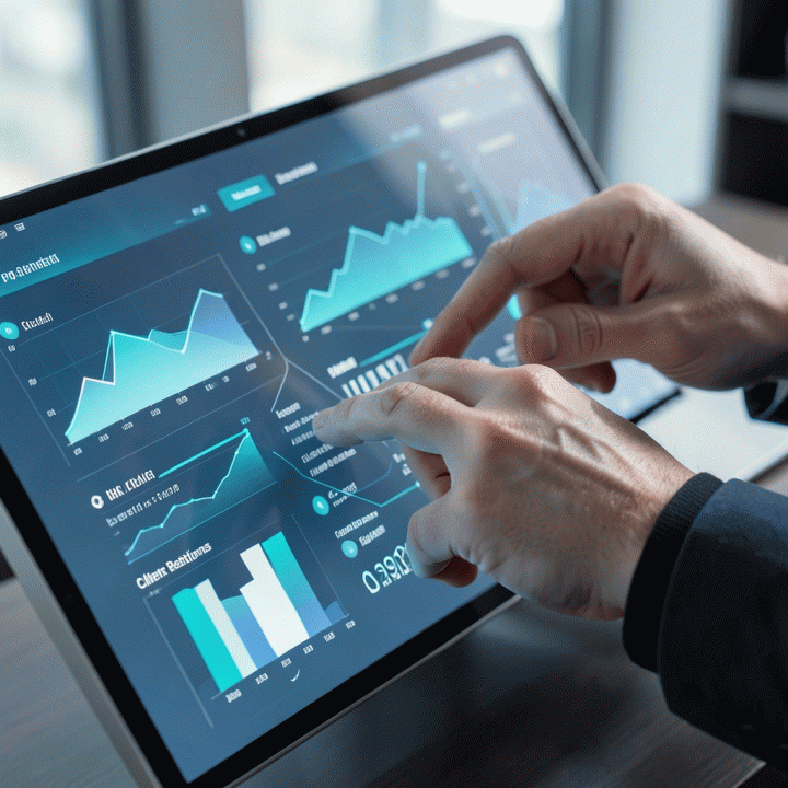 Tangan profesional berinteraksi dengan dashboard digital yang menampilkan visualisasi data operasional dan keuangan yang terintegrasi.