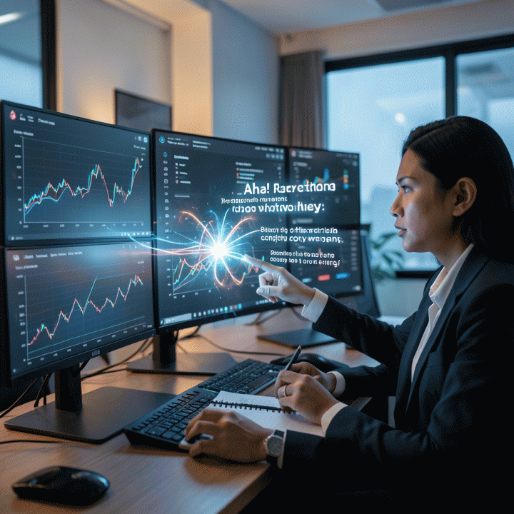 Seorang profesional pemasaran sedang menganalisis data kompleks di monitor besar, dan data tersebut secara visual berubah menjadi teks copywriting yang persuasif dan siap digunakan.