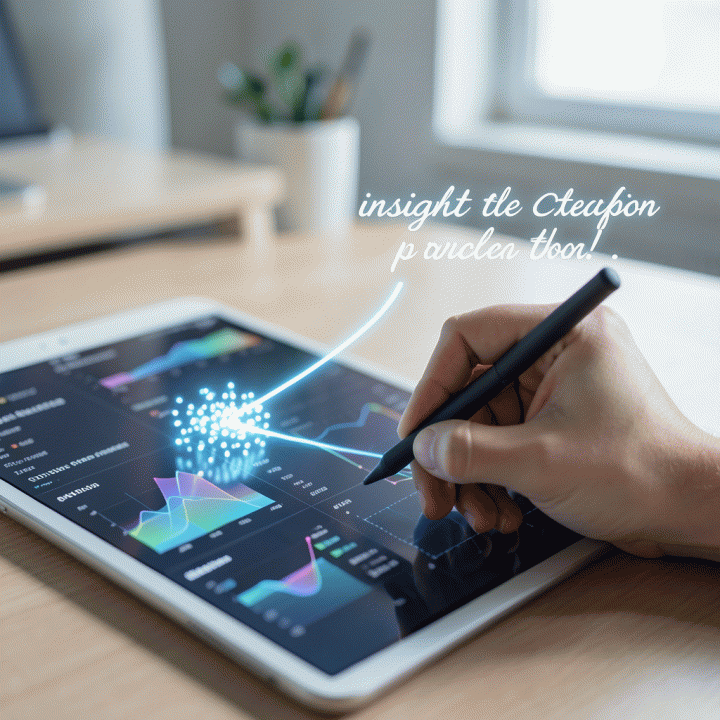 Tangan menggunakan stylus pada tablet data abstrak, menunjukkan transisi dari data mentah menjadi insight copywriting yang jelas.