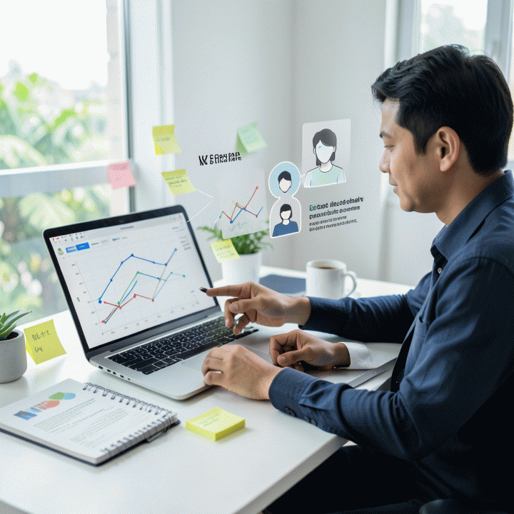 Seorang ahli pemasaran menyusun strategi dengan menghubungkan data riset pasar, persona konsumen, dan draf copywriting di meja kerja yang rapi.
