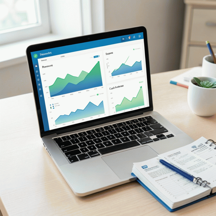 Visualisasi dashboard keuangan di laptop yang menunjukkan grafik pendapatan dan pengeluaran yang terpisah, melambangkan analisis profitabilitas.