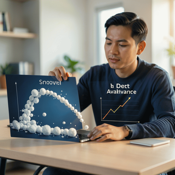 Ilustrasi sinematik perbandingan dua strategi pelunasan utang (Debt Avalanche dan Debt Snowball) yang divisualisasikan sebagai jalur penurunan utang yang berbeda pada meja kerja modern.