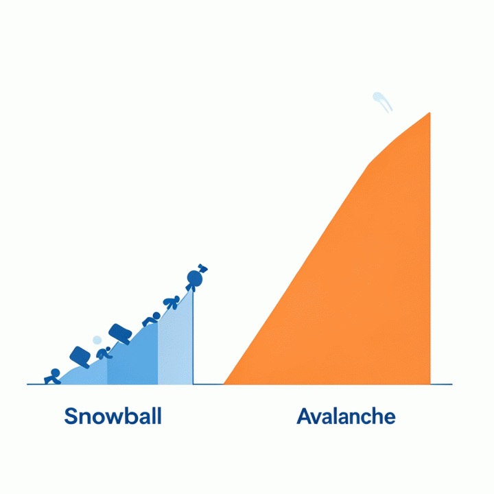 Ilustrasi konseptual perbandingan dua jalur pelunasan utang (Snowball vs Avalanche) menggunakan simbol abstrak.