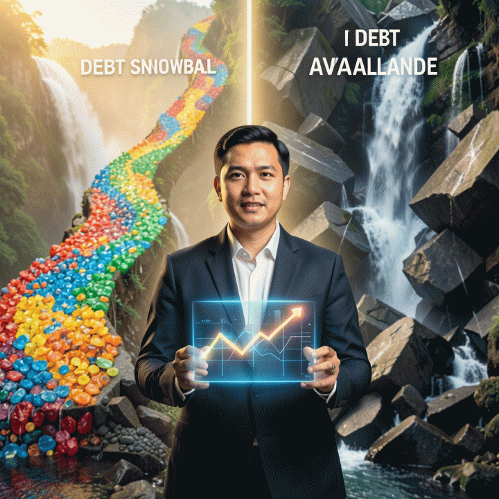 Ilustrasi sinematik yang menampilkan seseorang berdiri di depan perbandingan dua jalur finansial, Debt Snowball dan Debt Avalanche, melambangkan strategi pelunasan utang yang efektif.