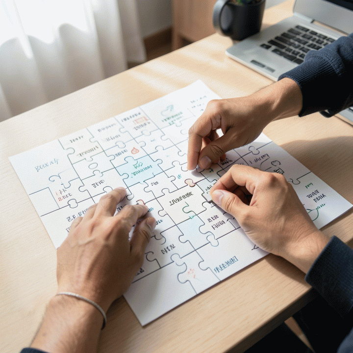 Tangan seseorang yang sedang menyusun atau memecahkan puzzle keuangan yang rumit, melambangkan strategi manajemen utang.