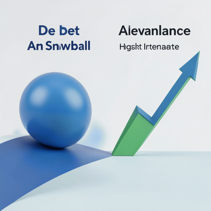Infografis komparatif yang memvisualisasikan perbedaan antara metode Debt Snowball (momentum) dan Debt Avalanche (efisiensi matematis) dalam melunasi utang.