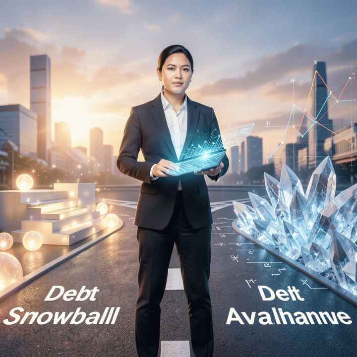 Ilustrasi sinematik seorang profesional Indonesia berdiri di persimpangan jalan finansial, membandingkan dua strategi pelunasan utang: Debt Snowball dan Debt Avalanche, dengan suasana optimis dan penuh keputusan.