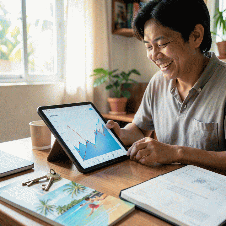 Ilustrasi sinematik yang menunjukkan seseorang merasa lega dan optimis melihat peningkatan grafik keuangan, melambangkan kebebasan finansial dari utang.