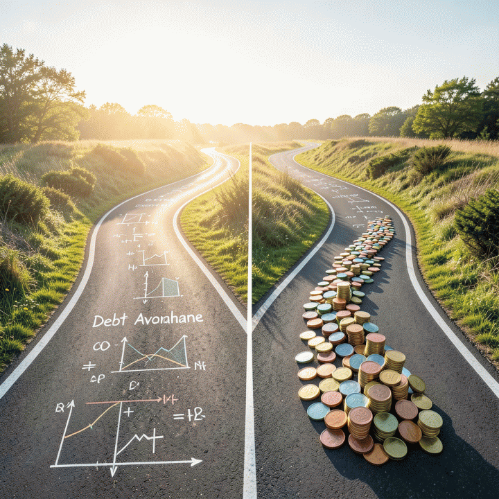 Perbandingan visual antara dua jalur pelunasan utang: Debt Avalanche (logika/matematika) dan Debt Snowball (momentum/tumpukan koin).