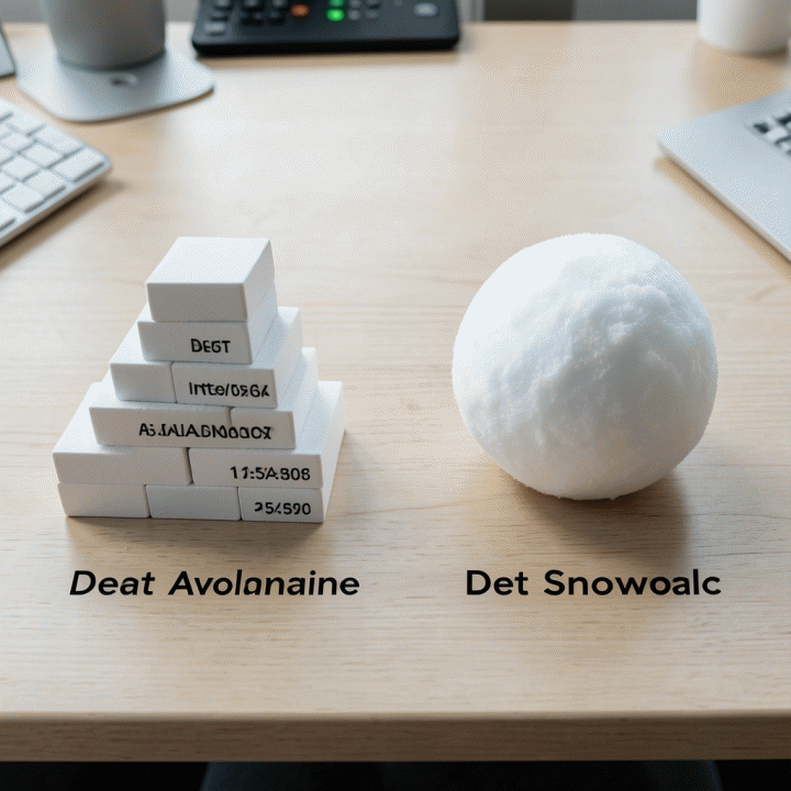 Perbandingan visual dua strategi pelunasan utang di atas meja: yang satu berstruktur seperti longsoran (avalanche) dan yang lain berstruktur menumpuk bola salju (snowball).