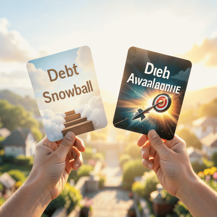 Ilustrasi sinematik pasangan tangan yang memegang dua rambu petunjuk jalur pelunasan utang: satu menunjukkan metode Debt Snowball (bertahap dan lembut), dan yang lain Debt Avalanche (cepat dan terstruktur).