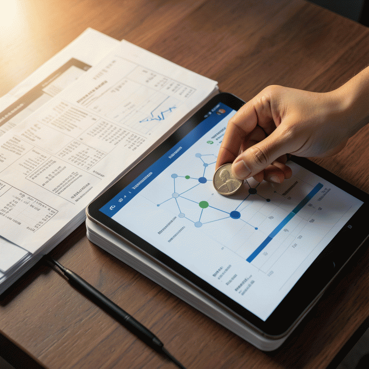 Tangan meletakkan koin pada setumpuk dokumen keuangan di atas tablet digital, melambangkan perencanaan dan pelunasan utang yang terstruktur.
