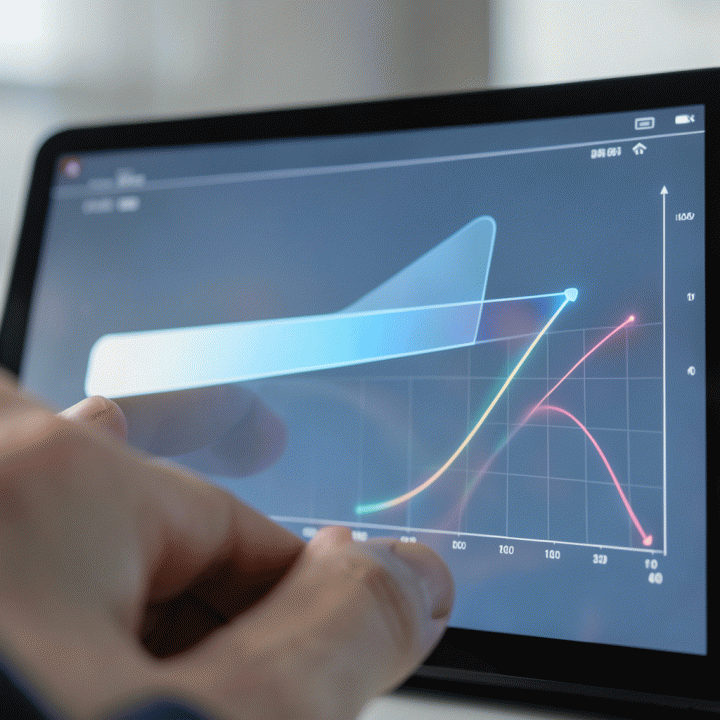 Tangan menunjuk ke dashboard keuangan digital yang menunjukkan kemajuan pelunasan utang yang terukur.
