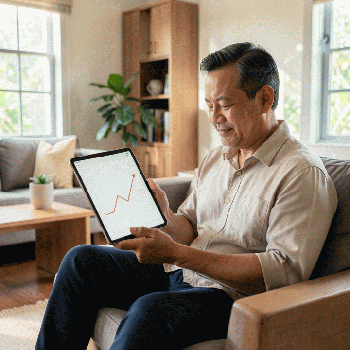 Seorang profesional Indonesia yang tampak lega dan tenang, meninjau grafik penurunan utang yang sederhana dan terstruktur di tablet digital modern, melambangkan kelegaan finansial setelah melakukan konsolidasi utang.