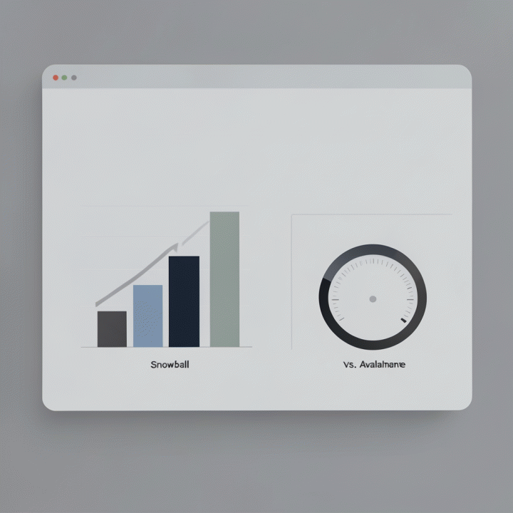 Dashboard abstrak yang menampilkan perbandingan visual kemajuan pelunasan utang menggunakan grafik bar dan meteran utang.
