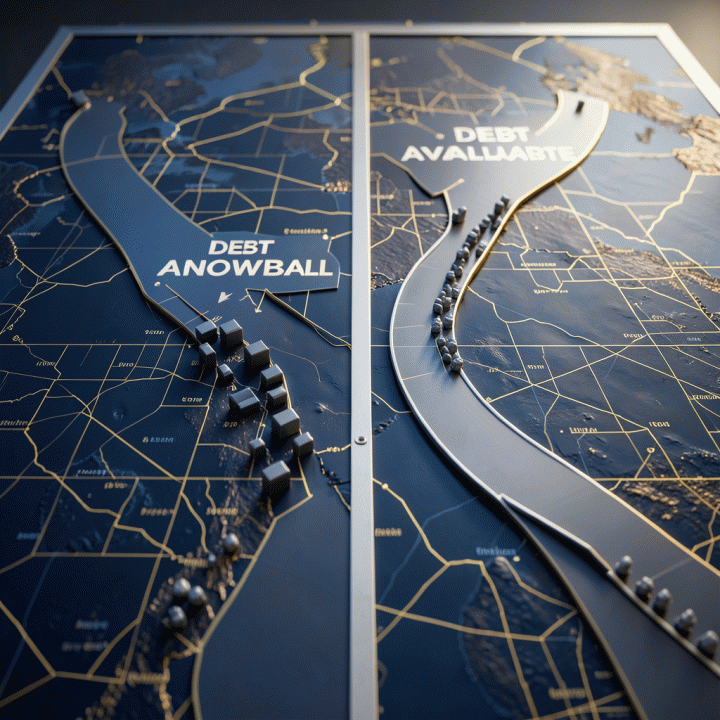 Visualisasi metaforis dua strategi pelunasan utang, Debt Snowball dan Debt Avalanche, yang menuju ke tujuan kebebasan finansial.