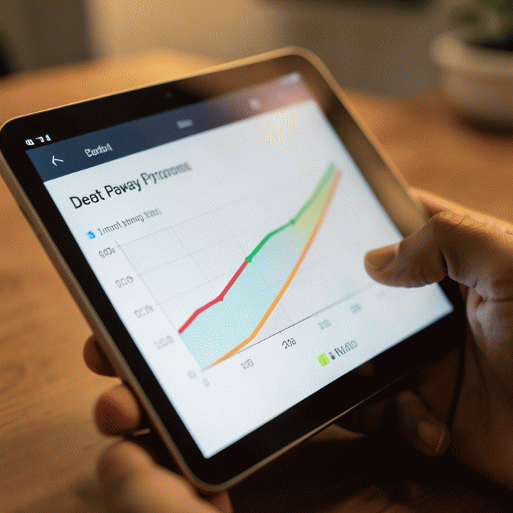 Hand interacting with a tablet displaying a visual chart showing successful debt reduction progress.