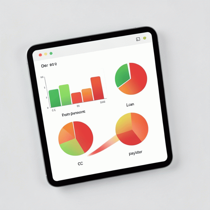 Tampilan abstrak dan bersih dari dashboard manajemen utang digital pada tablet, menunjukkan visualisasi progres pelunasan utang yang terstruktur dan terukur.