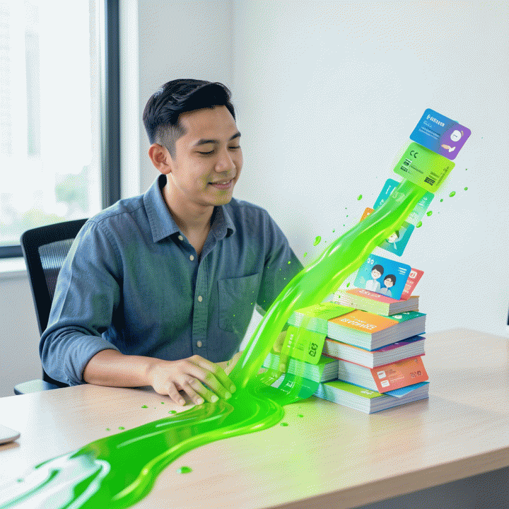 Ilustrasi fotorealistik seorang profesional muda Indonesia yang merasa lega dan memiliki kontrol finansial, dengan visualisasi utang yang berkurang dan progres keuangan yang meningkat di atas meja kerjanya.