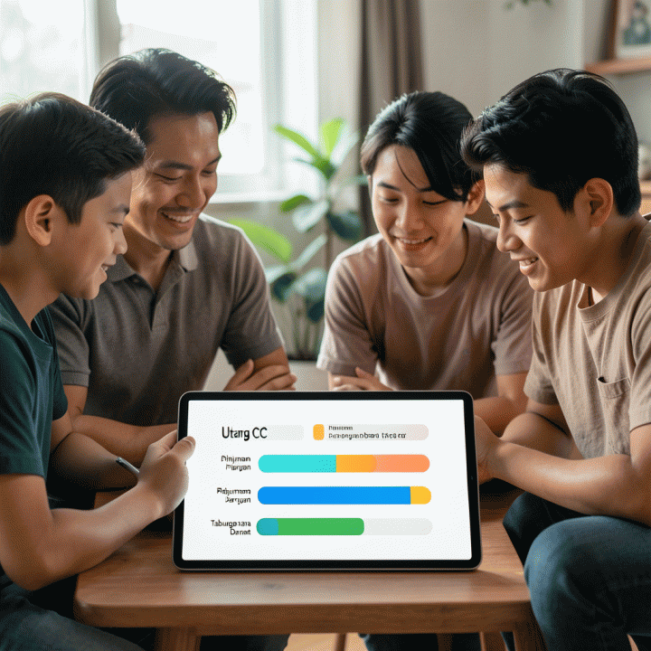 Keluarga Indonesia yang sedang melihat dashboard keuangan digital yang menunjukkan kemajuan pengurangan utang yang terstruktur dan positif.