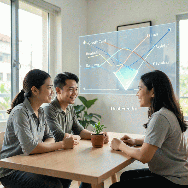 Pasangan muda Indonesia yang melihat dashboard perencanaan keuangan abstrak yang menunjukkan garis utang yang menurun menuju kebebasan finansial.