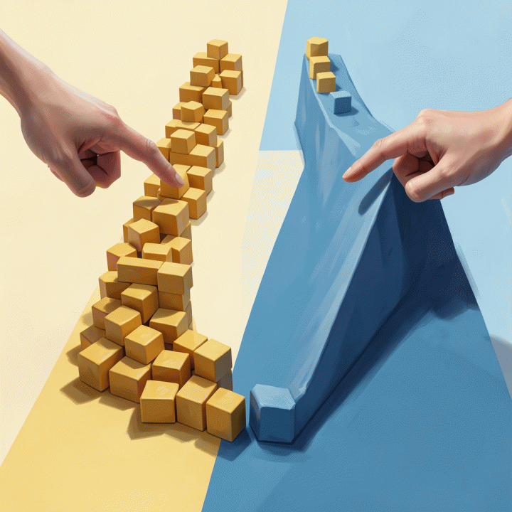 Ilustrasi konseptual yang membandingkan dua jalur strategi pelunasan utang: langkah kecil vs. jalur curam.