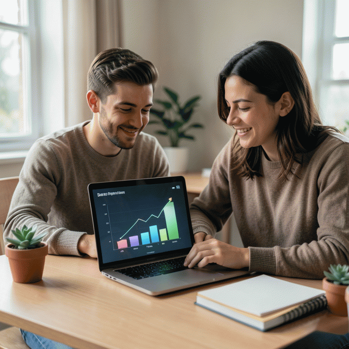 Pasangan muda yang terlihat lega dan bahagia setelah berhasil merencanakan pelunasan utang di depan laptop, melambangkan kebebasan finansial.