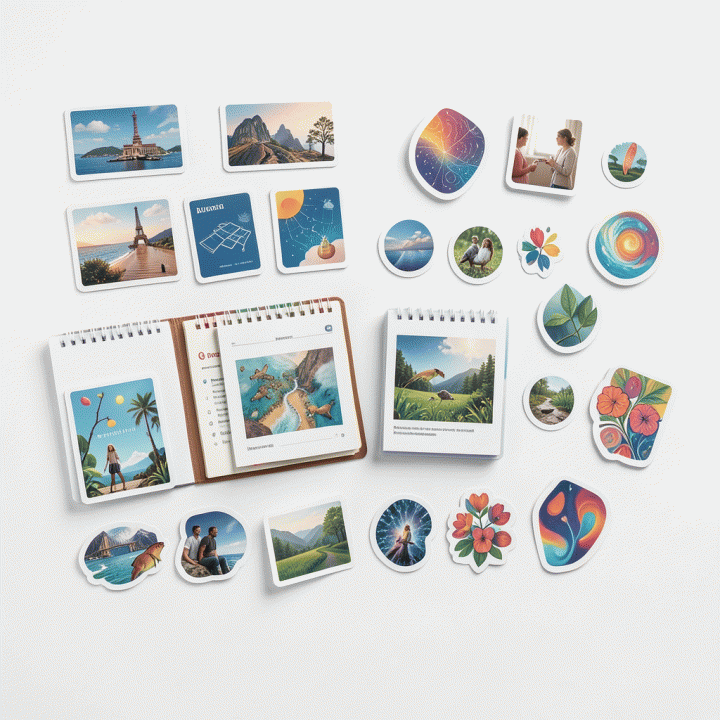 Komposisi flat lay berbagai aset stiker digital premium yang dikelompokkan berdasarkan tema, siap digunakan untuk dekorasi.