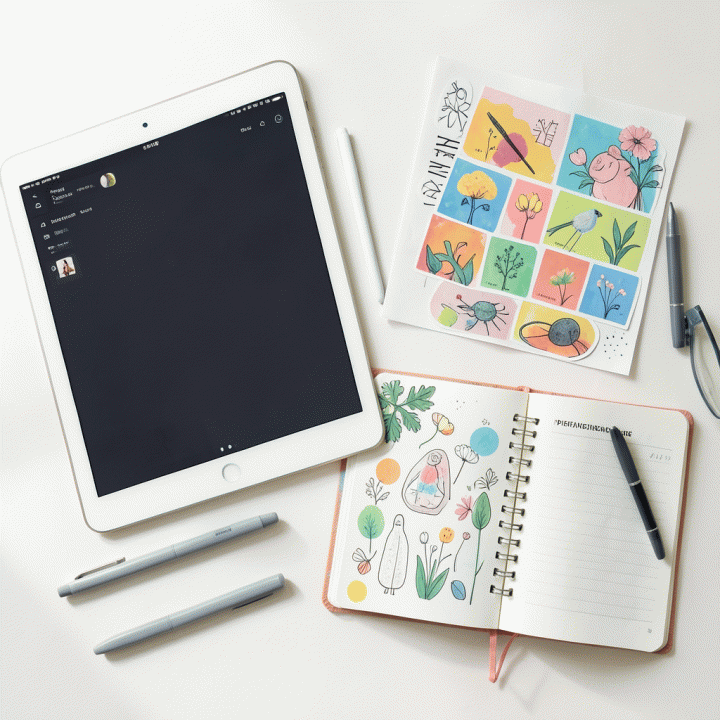 Flat lay alat dan aset desain digital yang estetik, termasuk stiker dan iPad, untuk inspirasi dekorasi jurnal digital.