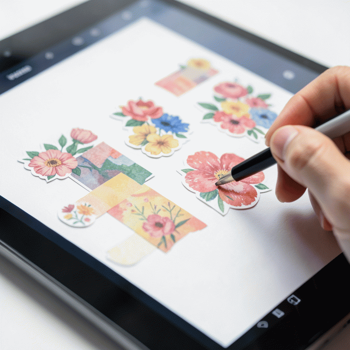 Tangan menggunakan stylus untuk menambahkan stiker premium pada jurnal digital di tablet.