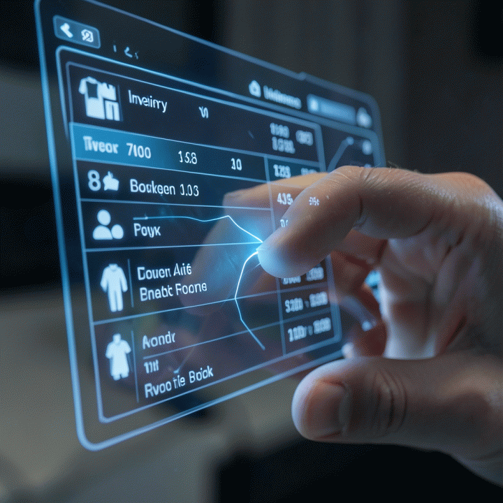 Hand interacting with a holographic interface showing real-time fashion rental inventory tracking.