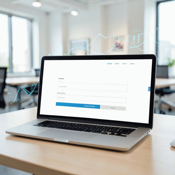 Mockup halaman pendaftaran konversi tinggi di layar laptop modern, menunjukkan desain landing page yang bersih dan profesional.