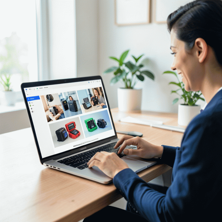 Pemilik UMKM menggunakan laptop untuk membuat iklan digital berkualitas tinggi menggunakan AI, menunjukkan efisiensi pemasaran visual.