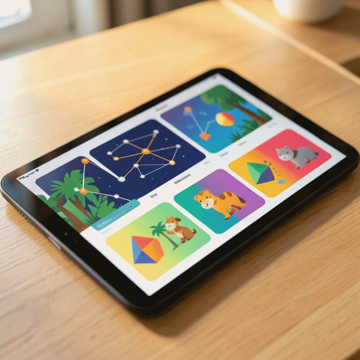 Tampilan tablet digital yang menampilkan modul belajar interaktif dan berwarna-warni, menunjukkan kemudahan penggunaan alat AI untuk edukasi.