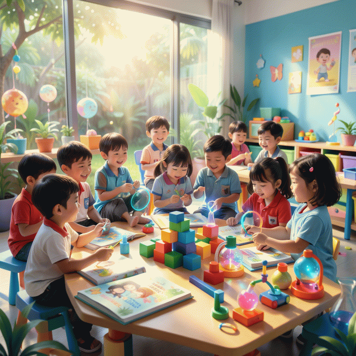 Ilustrasi fotorealistik anak-anak Indonesia yang ceria dan antusias belajar di ruang kelas yang penuh permainan interaktif, menunjukkan pengalaman belajar yang menarik dan menyenangkan.