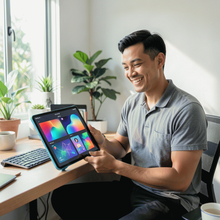 Seorang content creator di meja kerja modern yang canggih, menggunakan tablet AI untuk menghasilkan aset visual profesional secara instan, melambangkan kemudahan desain tanpa skill.