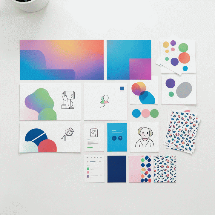 Beragam aset visual digital (pattern, gradient, ilustrasi) yang tersusun rapi dan profesional, menunjukkan volume output konten yang besar.