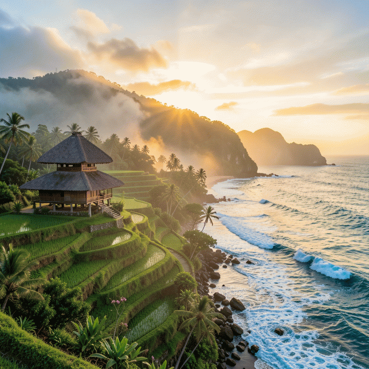 Komposisi sinematik pemandangan Bali yang memadukan keindahan sawah terasering Ubud dan pantai eksotis Uluwatu saat matahari terbenam.