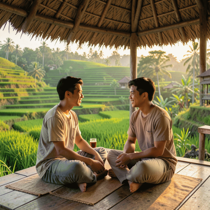 Pasangan muda Indonesia menikmati momen tenang di sawah terasering Ubud saat matahari terbenam.