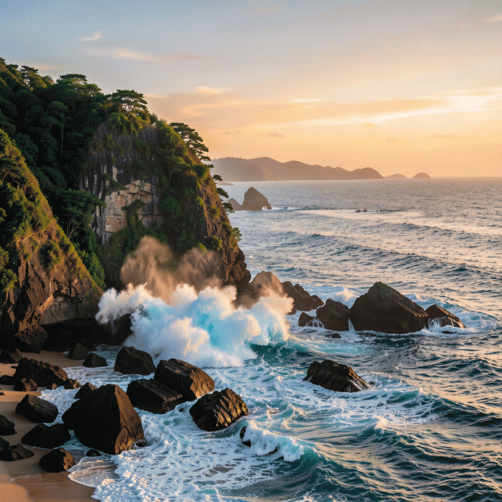 Pemandangan tebing curam dan ombak dramatis di Pantai Uluwatu saat matahari terbenam.