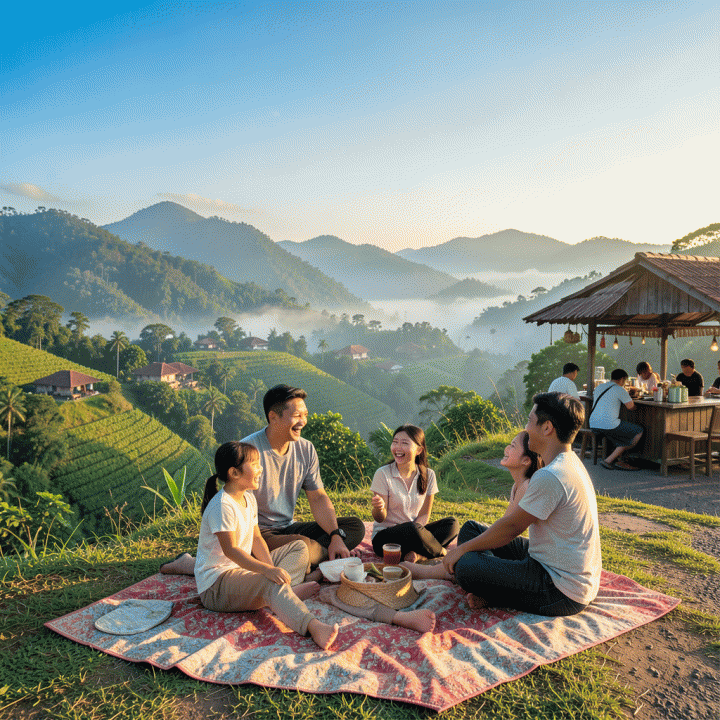 Keluarga modern Indonesia menikmati keindahan alam Bandung yang hijau dan berkabut saat liburan keluarga yang menyenangkan.