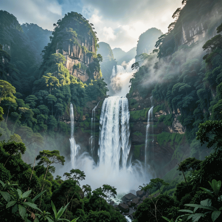 Pemandangan dramatis dan megah air terjun Tumpak Sewu di Malang, menunjukkan petualangan alam yang epik dan eksotis.
