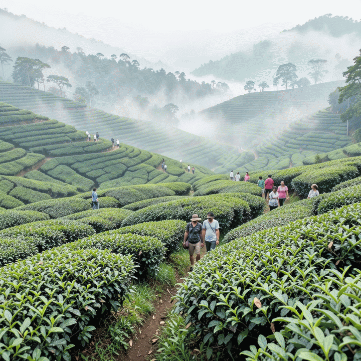 Pemandangan kebun teh yang luas dan hijau di Puncak Bogor dengan kabut tipis.
